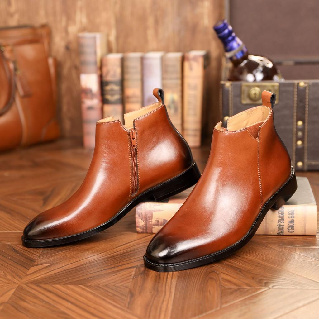 Square-headed Chelsea boots men's leather Martin boots side zipper British style casual mid-top leather shoes platform short boots men