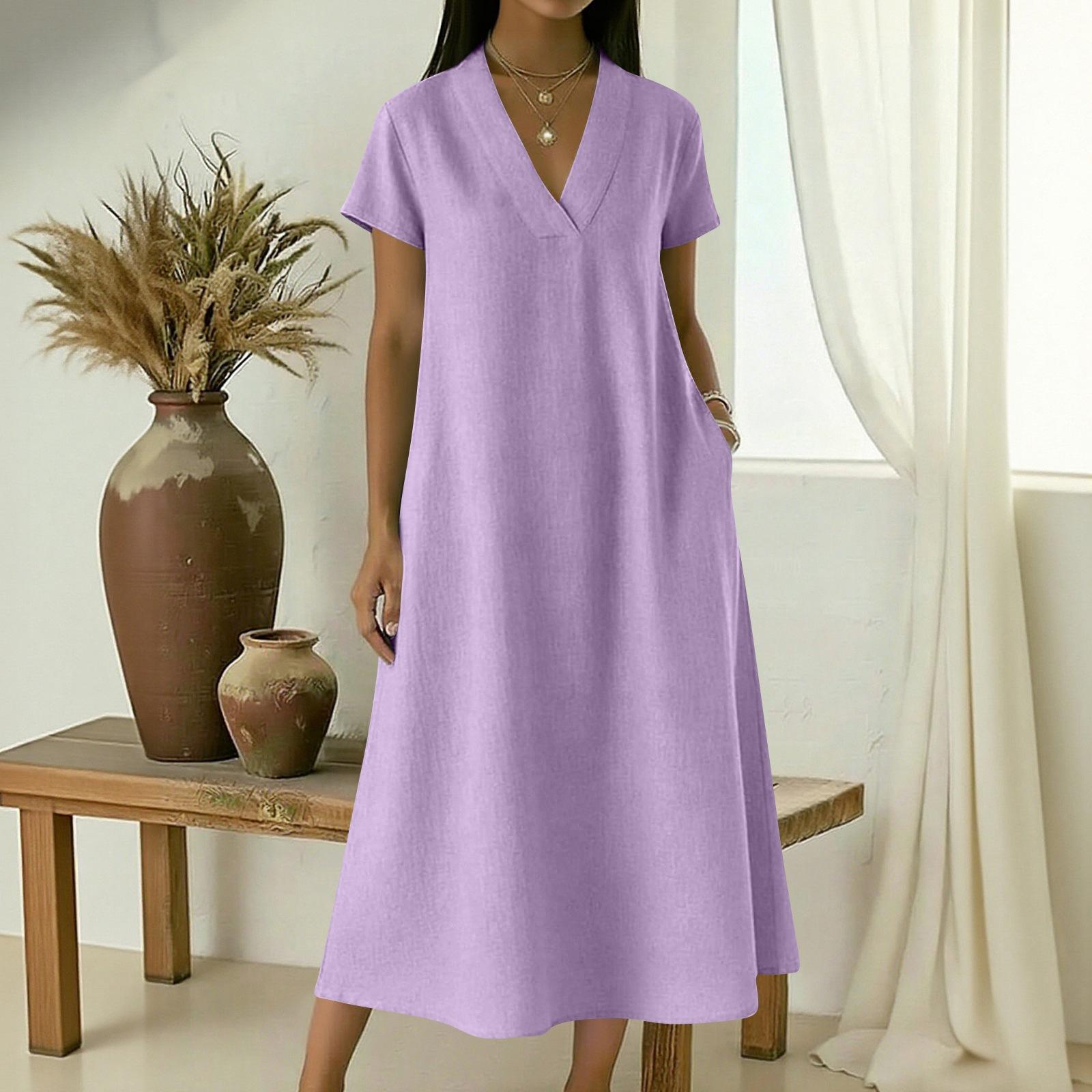 

Women s V-neck Short-sleeved Mid-length Loose-fitting Dress With Large Pockets And Casual XL