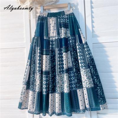 Spring Summer Women Midi Skirt Elastic Waist Geometry Print Contrast Color A-Line Skirt Vintage Cotton Female Skirts