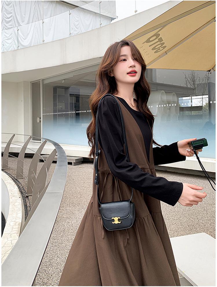 Khaki Faux Two-Piece Spliced A-Line Dress - Women's Mid-Length Spring 2025 French Sweet Style Pinafore Dress