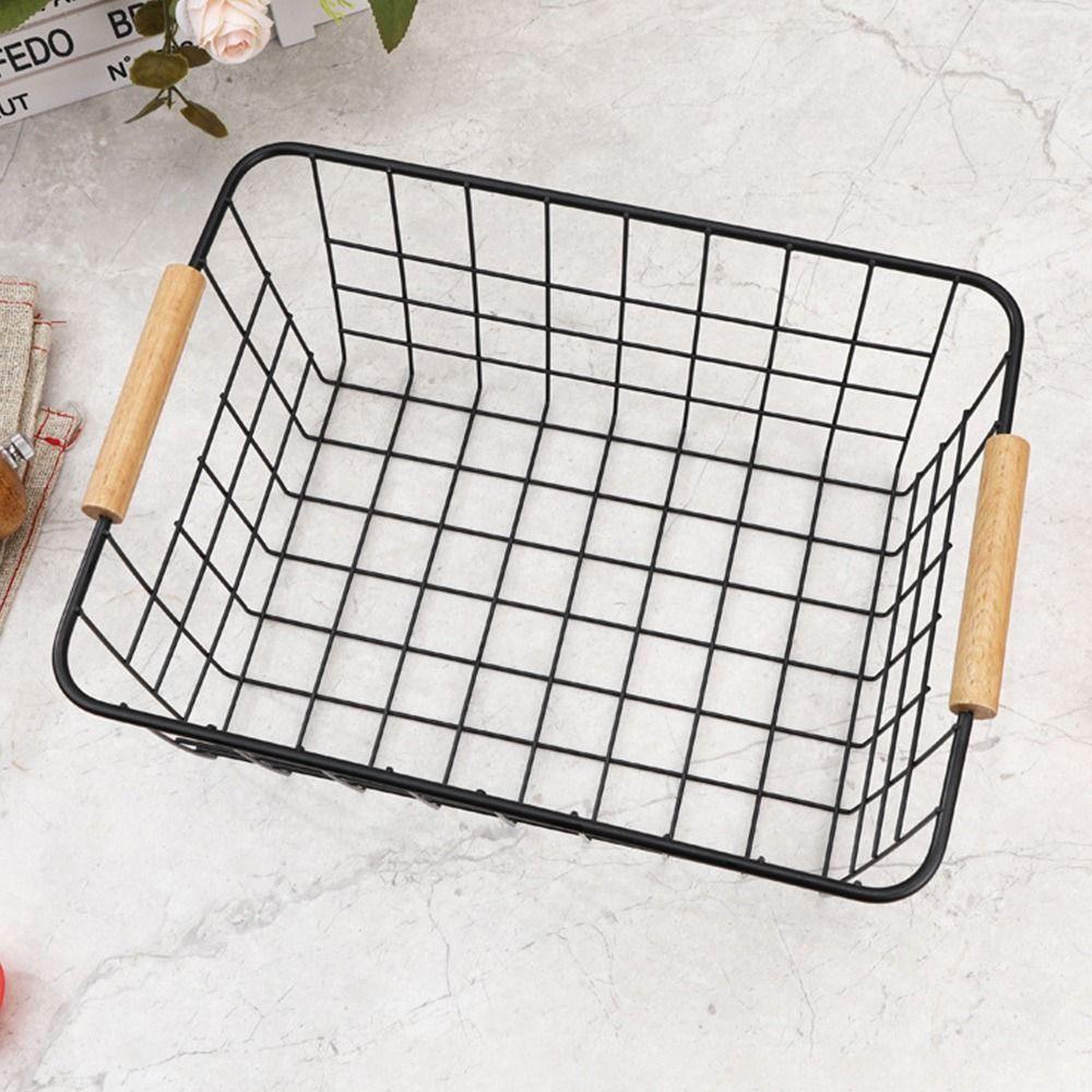 Metal Desktop Storage Basket White Black Rectangle Iron Wired Basket with Wood Handle Large Capacity Sundries Container