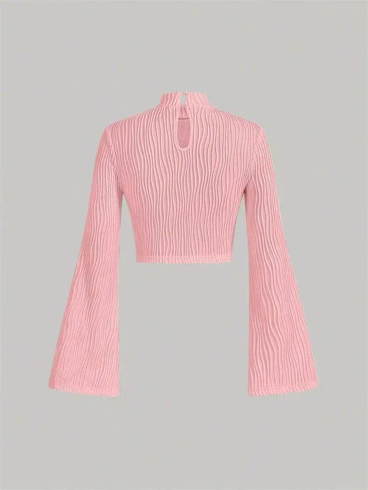 Long Sleeve Crop Top Phumee Textured Mock Neck Solid color A1144