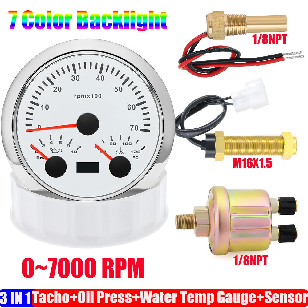 ZMFJH 3000~8000RPM 85MM Tachometer+Oil Pressure+Water Temp Gauge with Sensor 7 Color Light MultiMeter 0~10Bar for Car Boat 9-32V