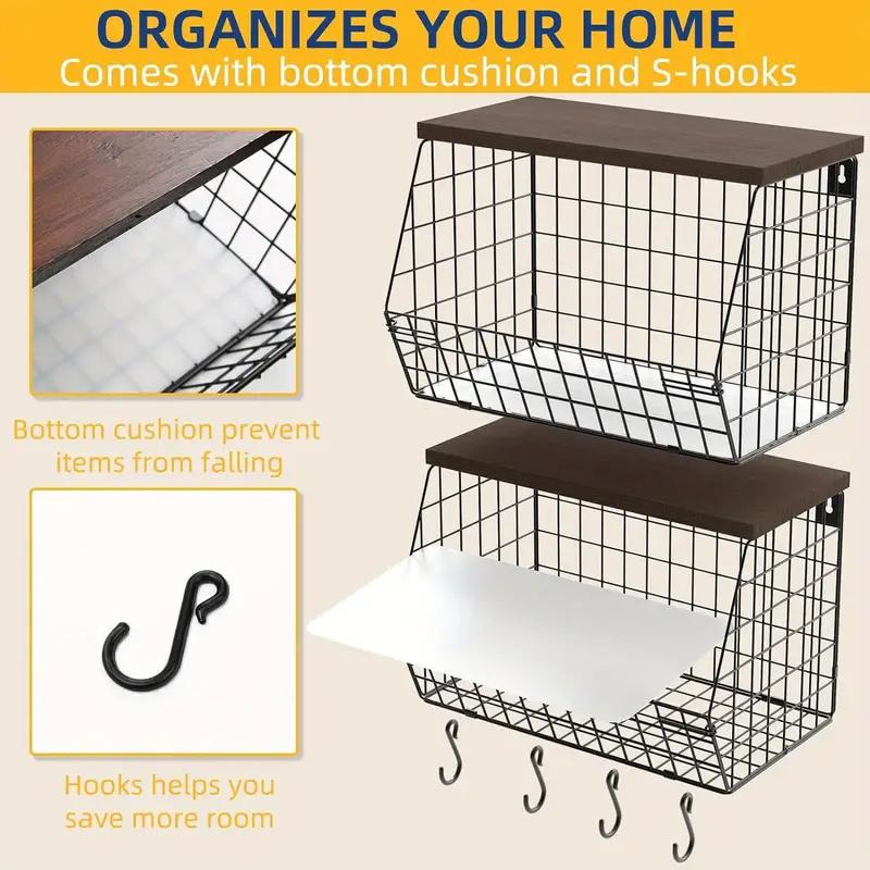 Fruit Basket Onion Storage Wire Baskets with Wood Lid Multifunctional Stackable Wall Mounted Countertop Tiered Kitchen