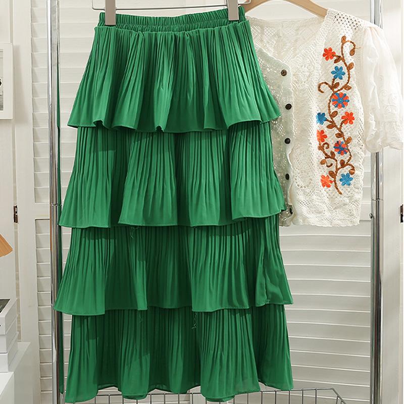 Qooth Wiosna Lato Moda damska Warstwowe spódnice z wysokim stanem Casual Solid Color Cake Spódnica QT1683