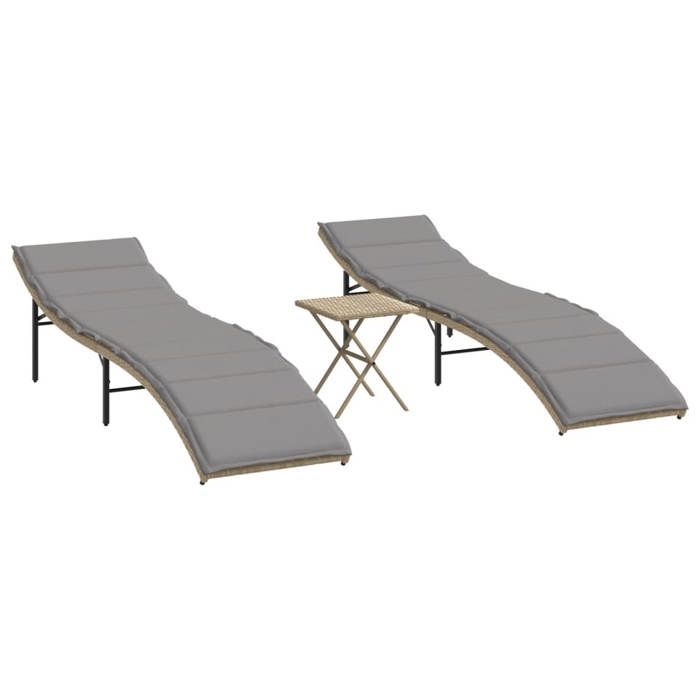 VidaXL Lot de 2 Chaises Longues avec Table, Bain de Soleil, Transat de Terrasse, Siège de Jardin Patio Extérieur, Beige 368255