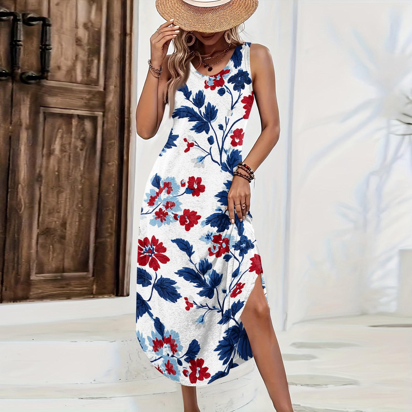

Women Casual Loose Fit Sleeveless Long Dress Floral Print Side Slit Summer Beach Dress Lightweight Comfortable Sundress XS