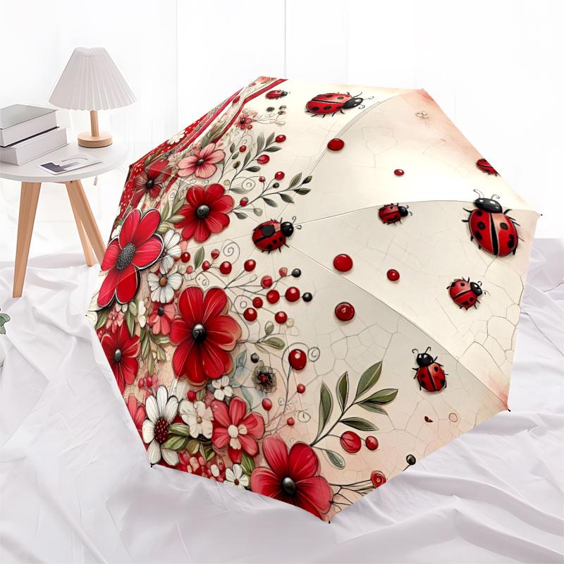 1pz Ombrello Automatico Apri/Chiudi con Coccinelle e Fiori, Struttura Robusta a 8 Stecche, Pieghevole/Apertura Automatica, Ombrello da Viaggio Portatile per Donne c25