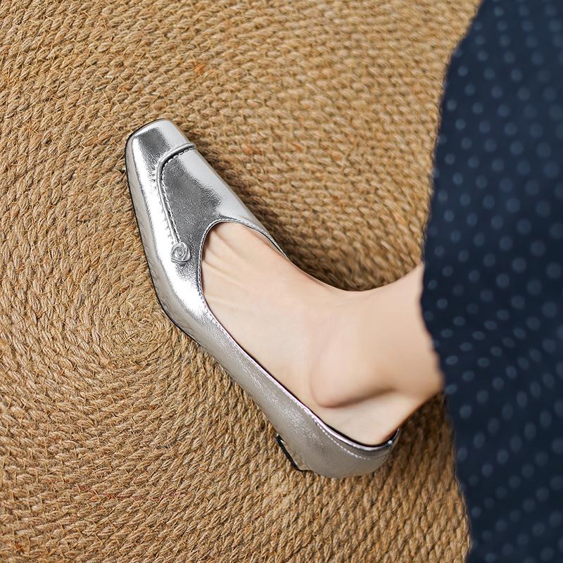 Fashion 2025 New Genuine Leather Women Pumps Shallow Women Shoes Square Toe High Heels Sliver Leather Ladies Shoes