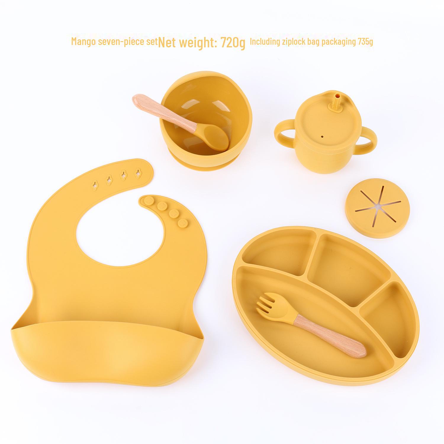 

Детский набор столовых приборов из силикона: Тарелка для еды, разделительная тарелка, нагрудник, миска и чашка. Идеально подходит для младенцев и детей ясельного возраста.