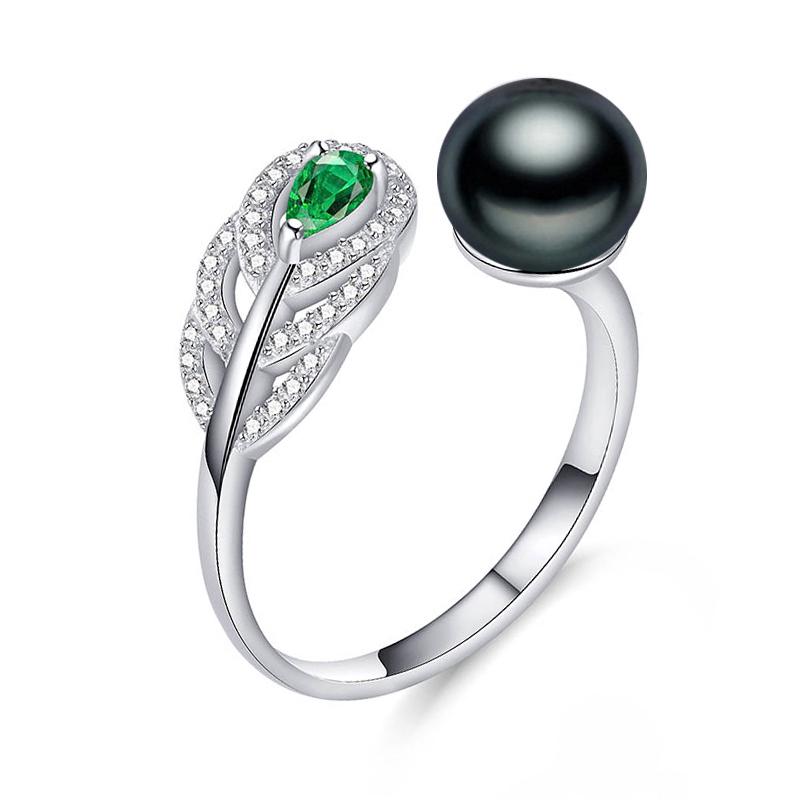 Fenasy Natural Freshwater Pearl Rings For Women Dainty Bohemia Green Crystal Feather Adjustable Ring
