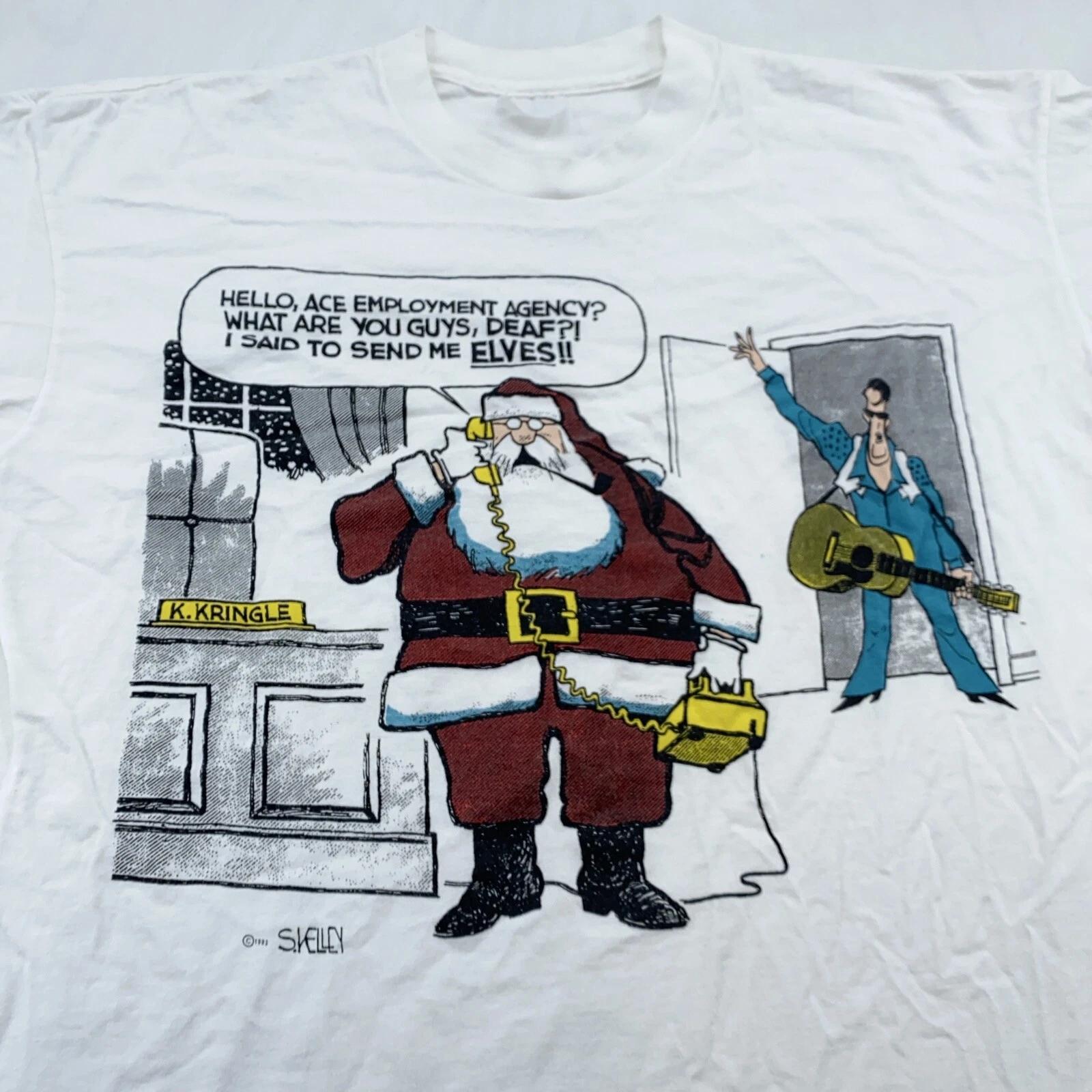 

vintage 90s S. KELLEY SANTA CLAUS CARTOON ELVIS ELVES JOKE T-Shirt LARGE/XL soft S