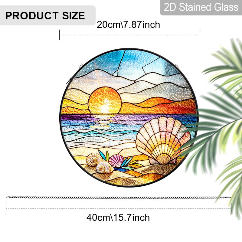 2D Flat Stained Glass Beach Shells Window Decoration Colored Glass Plate, 7.87inches Ocean Theme Hanging Sun Catcher with Chain, Summer Home