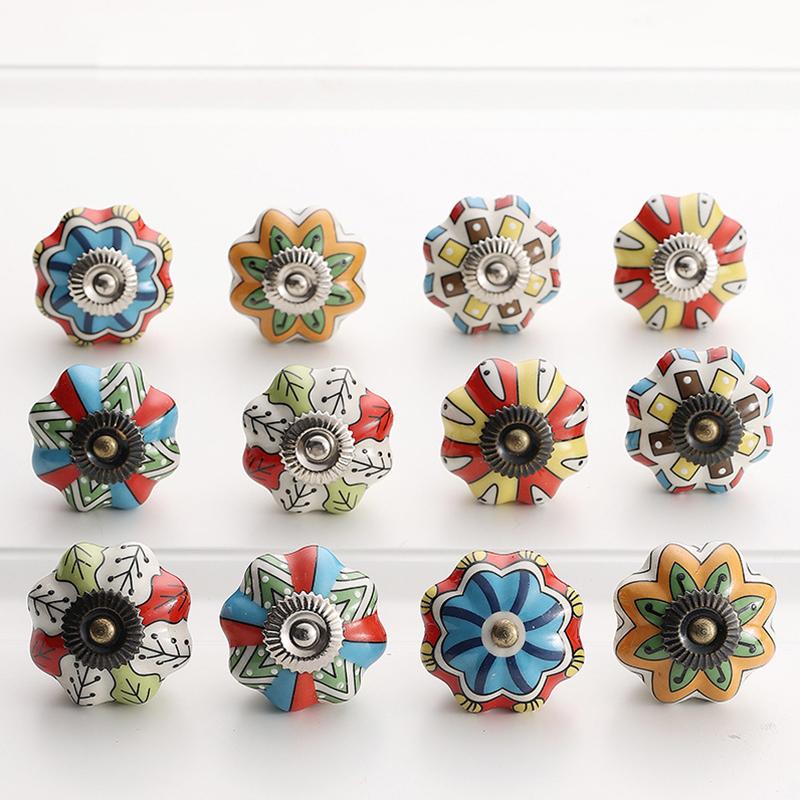 1PC Iron Material Exquisite Painted Pattern Drawer Handle Pumpkin Shape European Style Door Handle Luxury Multicolor