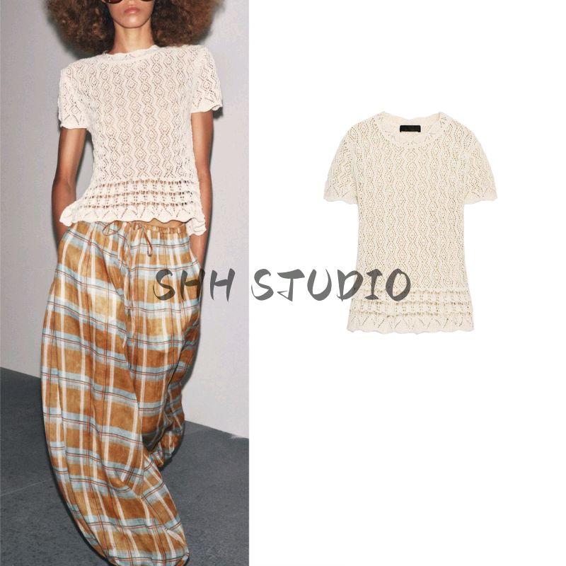 Autumn New Women's Clothing French Lazy Style round Neck Cut Out Mesh Knitted Short-Sleeved Shirt 6236104