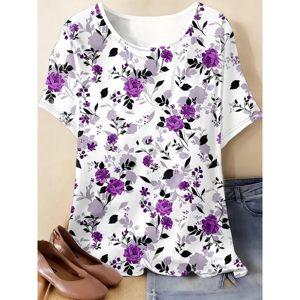Summer Fashionable Colorful Casual Round Neck Short Sleeved T-shirt Comfortable Breathable Vintage Flower 3d Printed Versatile Loose Women's T-shirt