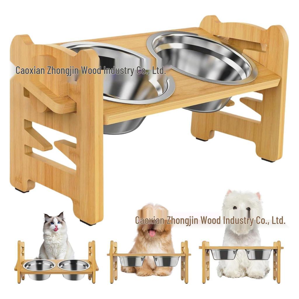 Adjustable Solid Wood Pet Bowl Stand for Cats & Dogs - Double Compartment Feeding Rack with Neck Protection