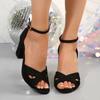 Big Size Women Sandals High Heels Block Heels Blue Flock Open Toe Sandals Casual Party Cross Ankle Strap Summer Shoes Women