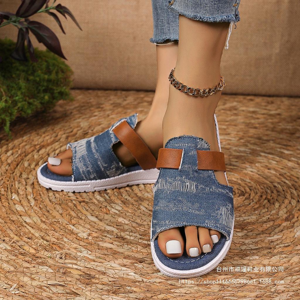 2025 summer new casual denim beach slippers large size soft bottom flat bottom cool slippers