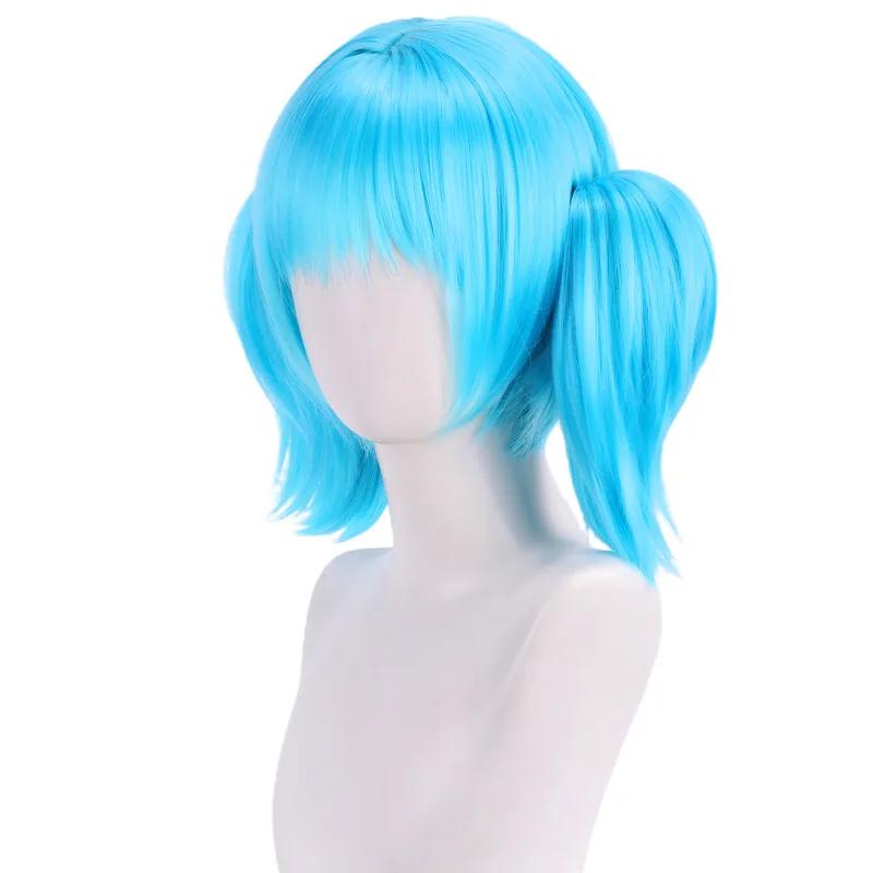 Peluca Azul para Cosplay de Sally Face, Cabello Corto de Anime, Sintética para Fiesta, 2 Coletas