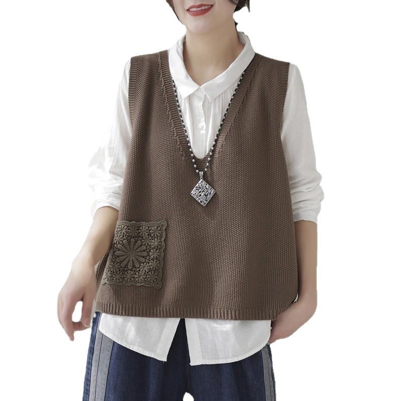 Womens Sheer Knit Vest Lace Pocket Sleeveless Top Korean Minimalist Layering Piece