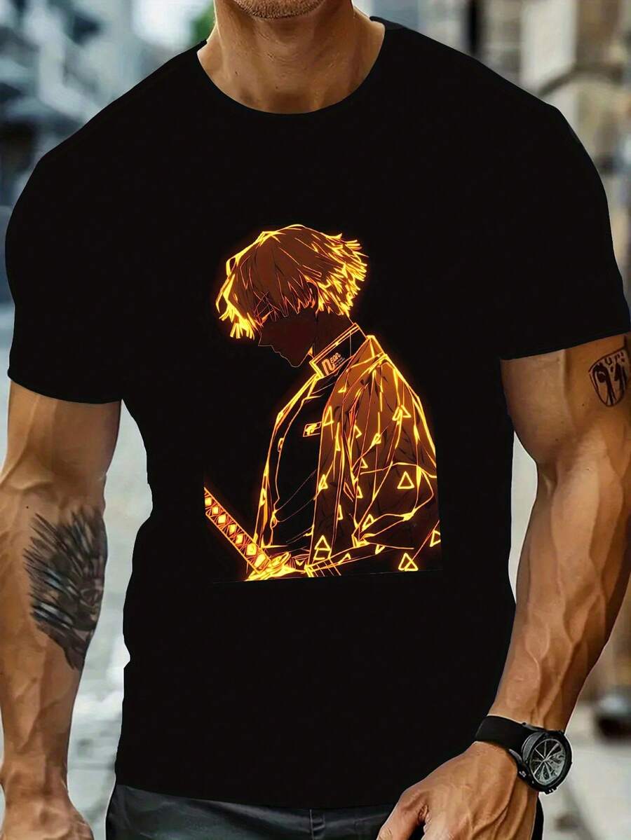 

Unisex s Black Anime Graphic T-Shirt - Orange Yellow Geometric Design S