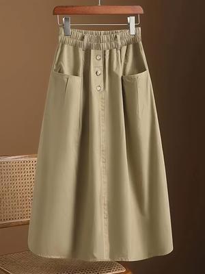 Chic Women's Elastic Waist Skirt with Button Accents and Convenient Pockets - Versatile, Comfortable Design for Casual or Work Wear