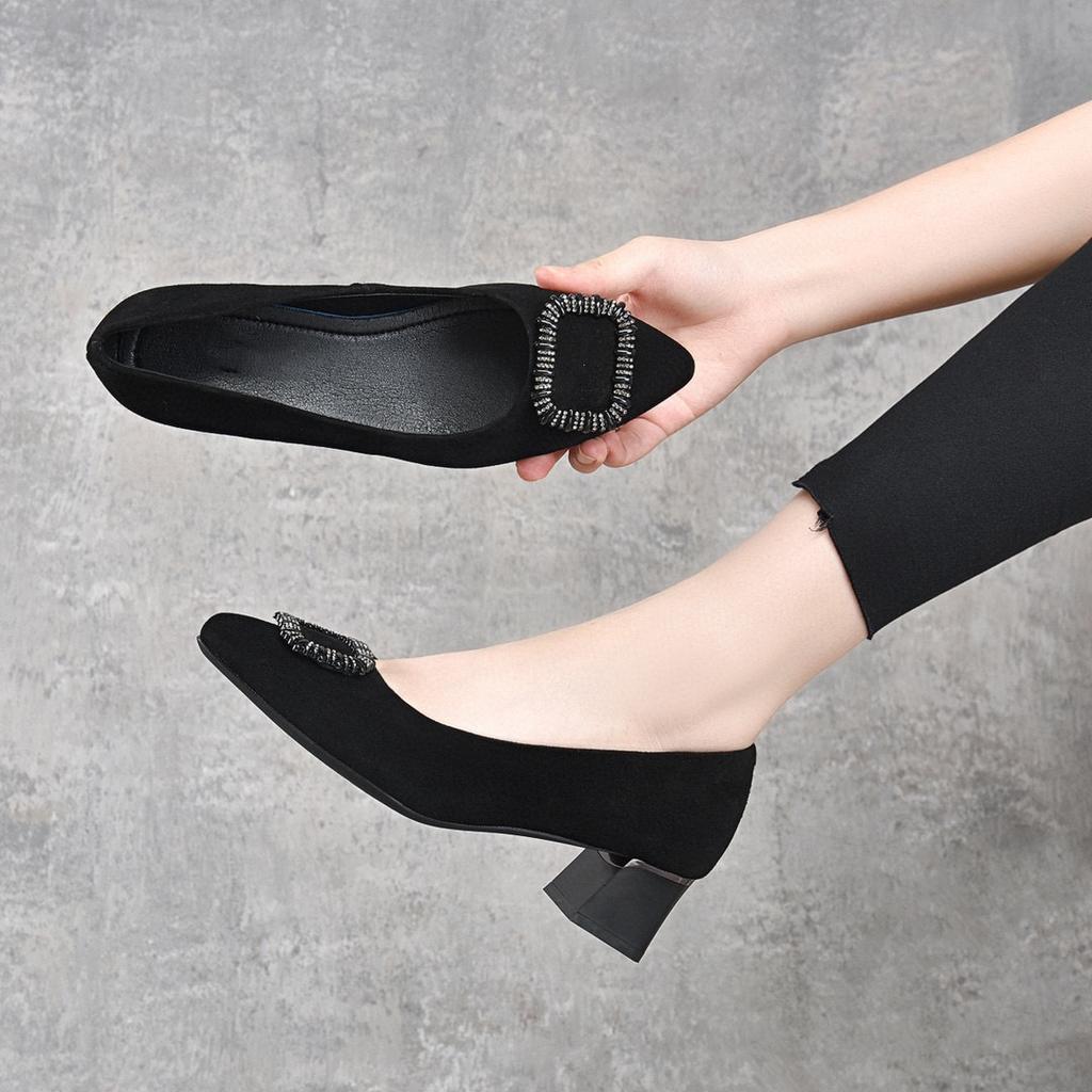 Pointed high heels women's 2024 spring new square buckle shallow mouth single shoes two high loafers commuter work shoes