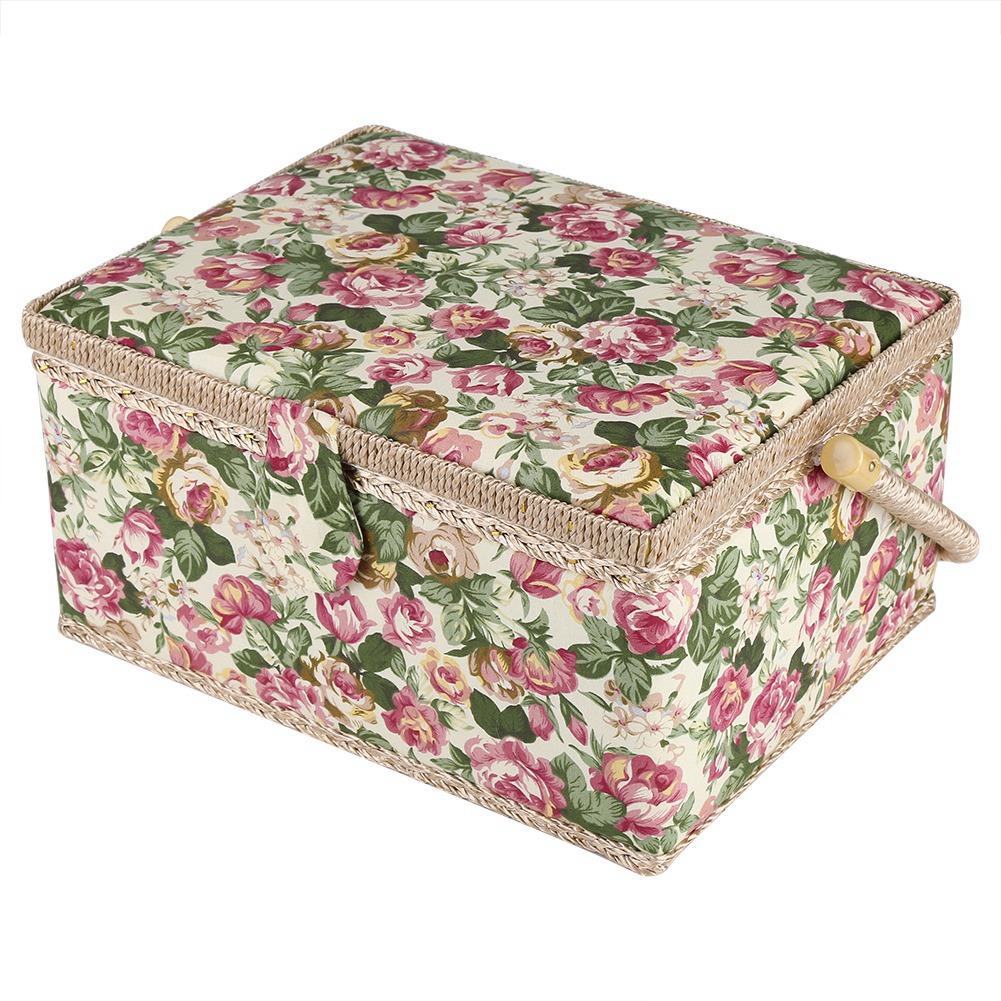 Fabric Floral Printed Sewing Basket Craft Box Household Sundry Storage Organizer with Handle