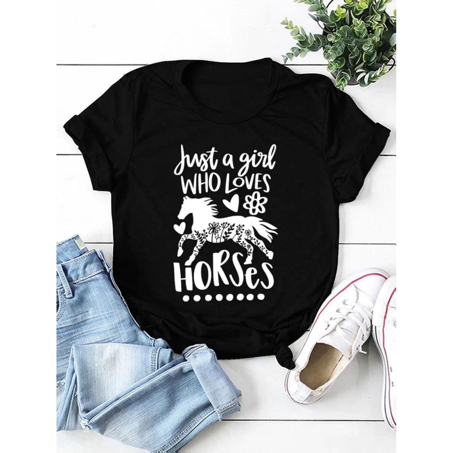 

Женская футболка Just A Girl Love Horse Print с коротким рукавом и круглым вырезом, свободная женская футболка, женские футболки, топы, Camisetas Mujer S чёрный