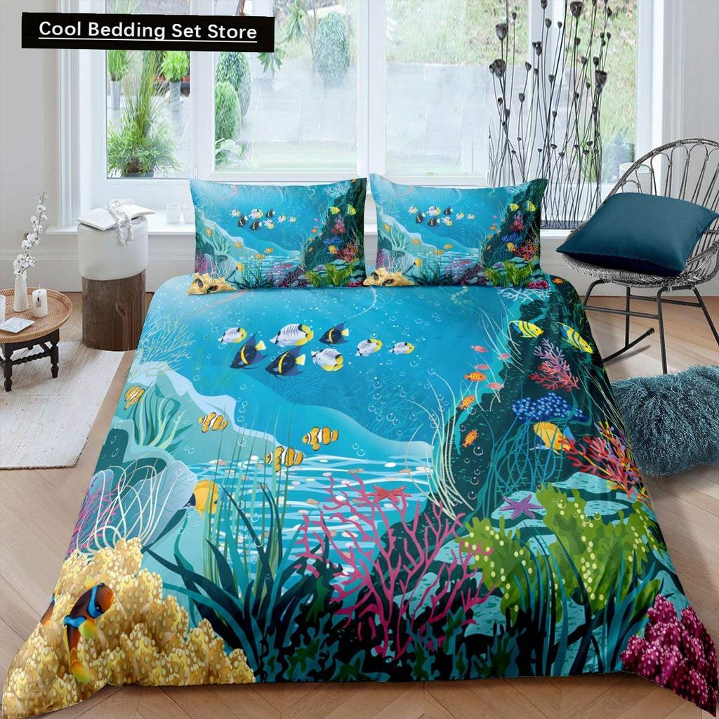 Kid Underwater World Oasis King Queen Duvet Cover Ocean Fish Coral Bedding Set Marine Life Quilt Cover Polyester Comforter Cover