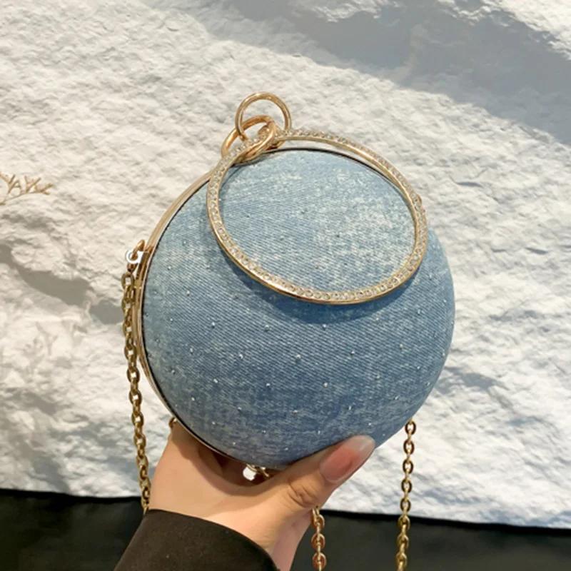 Luxury Designer Crystal Purse for Women Top Handle Ball Box Chain Purses Blue Crystal Crossbody Evening Clutch Bags