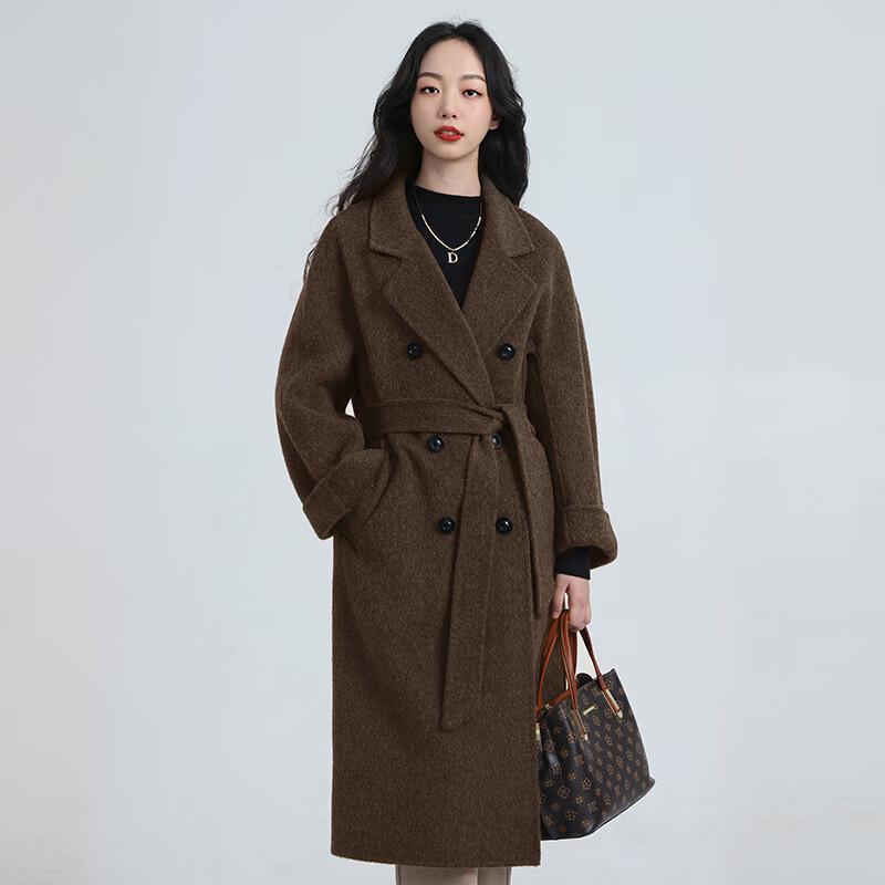 Fengxun Women's Long Double-Faced Wool Coat with Belt
