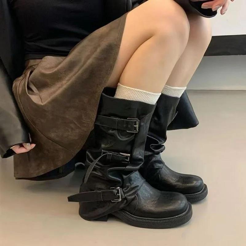 Inner Height Increase 7cm Medium Tube Belt Buckle Retro British Style Knight Boots Women's 2025 Autumn and Winter New Long Tube Fashion Boots