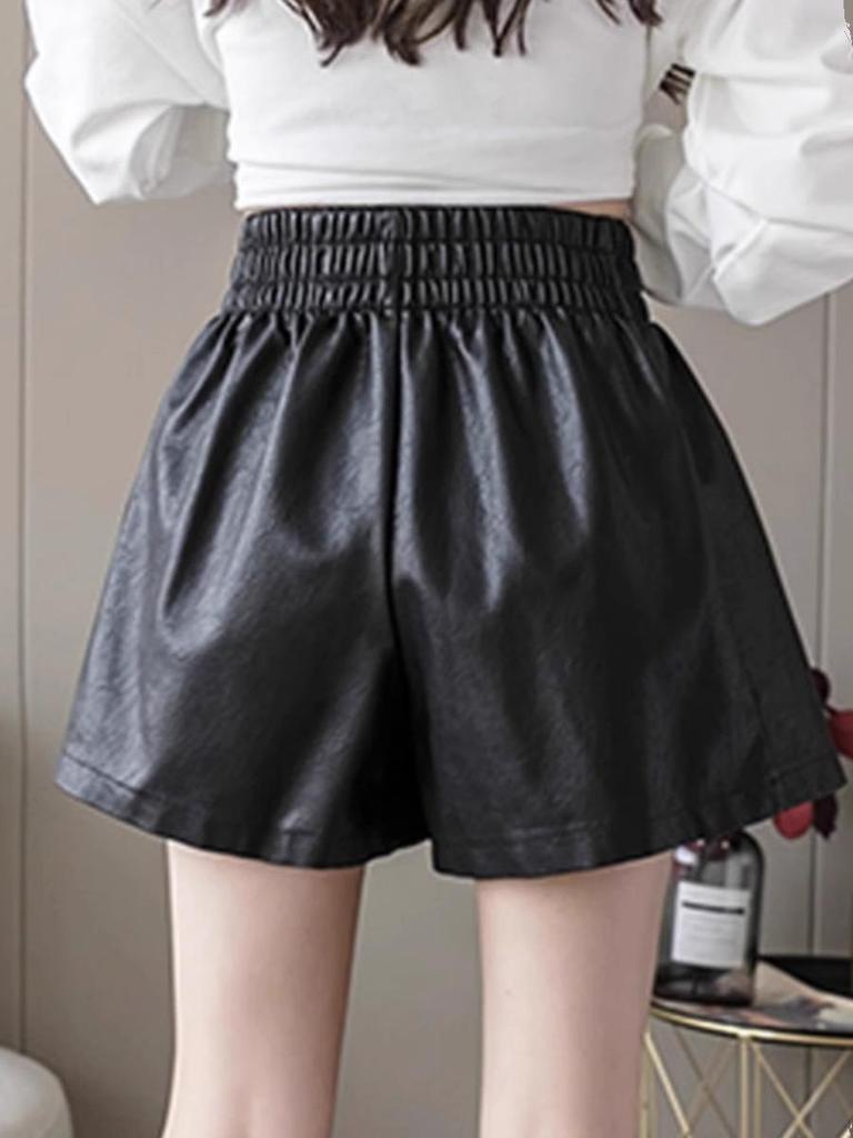 Women's 2023 Autumn/Winter PU Leather A-Line Shorts, High Waist, Loose Fit, Casual Slim Boot Style