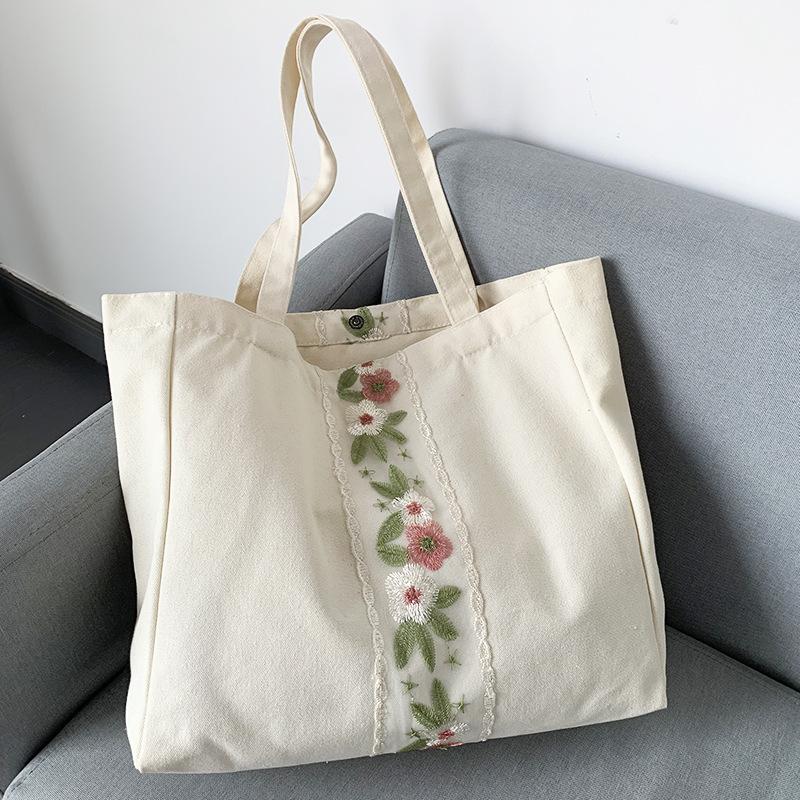 Embroidery Canvas Bag Women Shoulder Simple Travel Yoga Large Capacity Bag