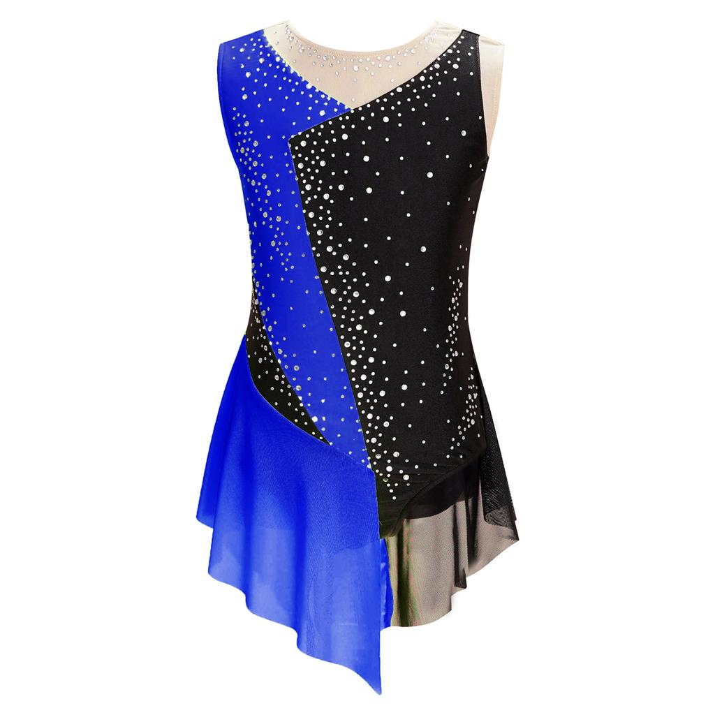 Kids Girls Sparkly Rhinestone Leotard Sheer Mesh Patchwork Sleeveless Dance Gymnastics Figure Skating Dress