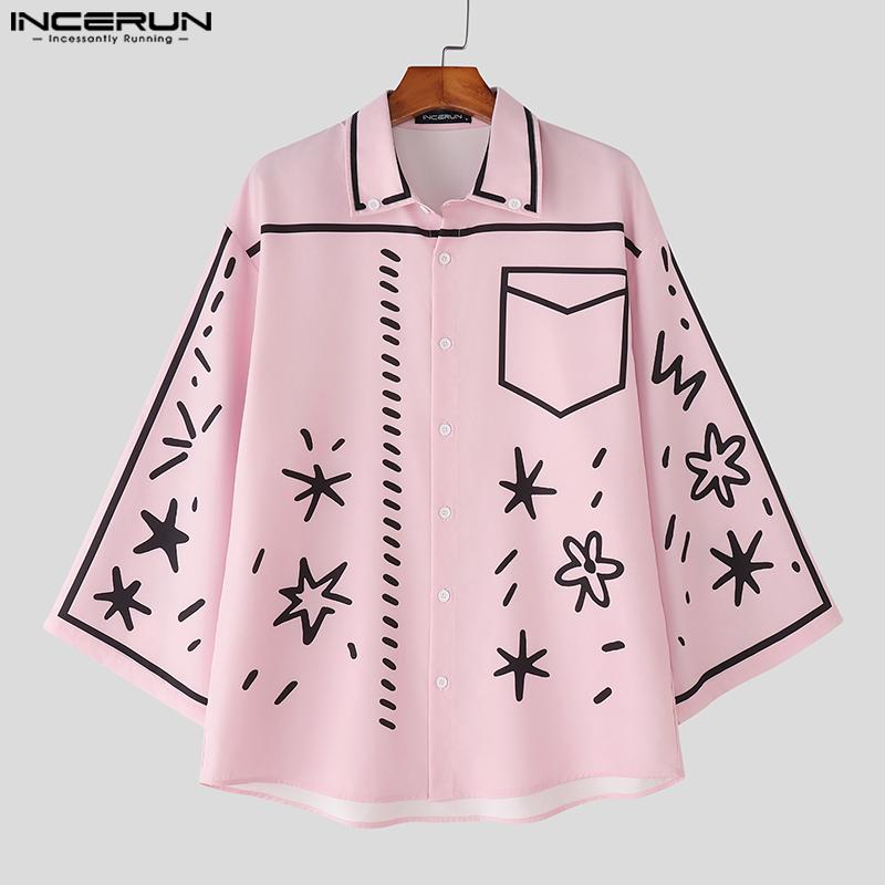 INCERUN Oversized Summer Men Lapel Neck 3/4 Sleeve Cartoon Print Casual Loose Shirts