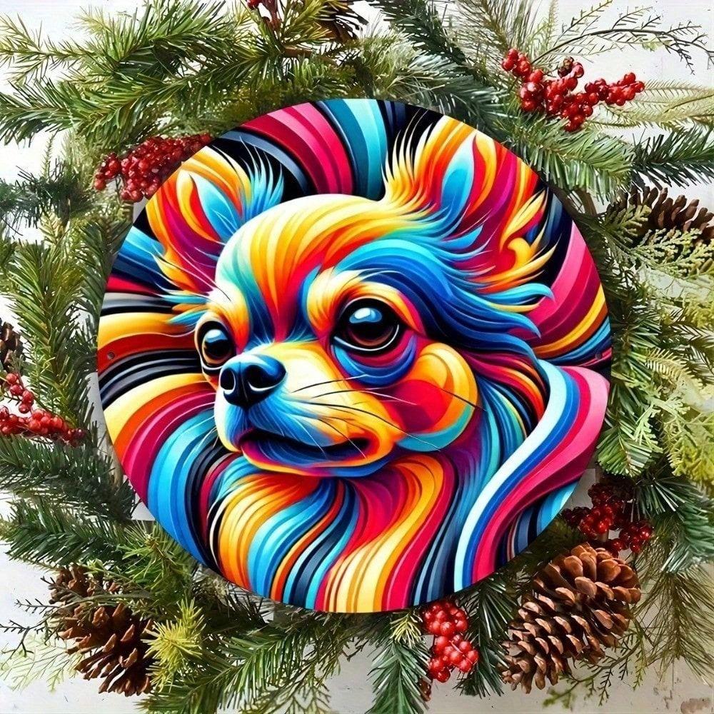 Vintage Round Metal Wall Art Chihuahua Poster Kitchen Decor