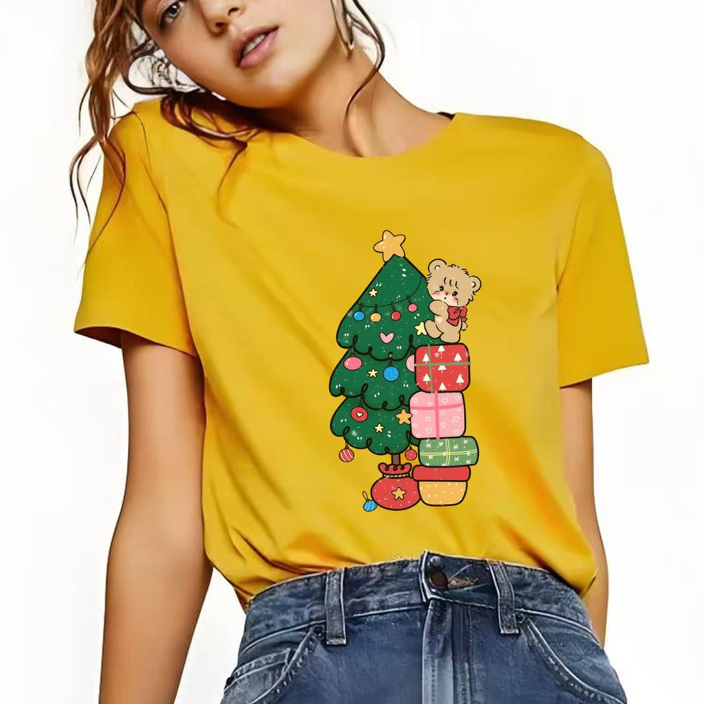 Cute Christmas Tree Christmas Gift Printed Pattern Tshirt Short Sleeve Round Neck Versatile Womens Tshirt