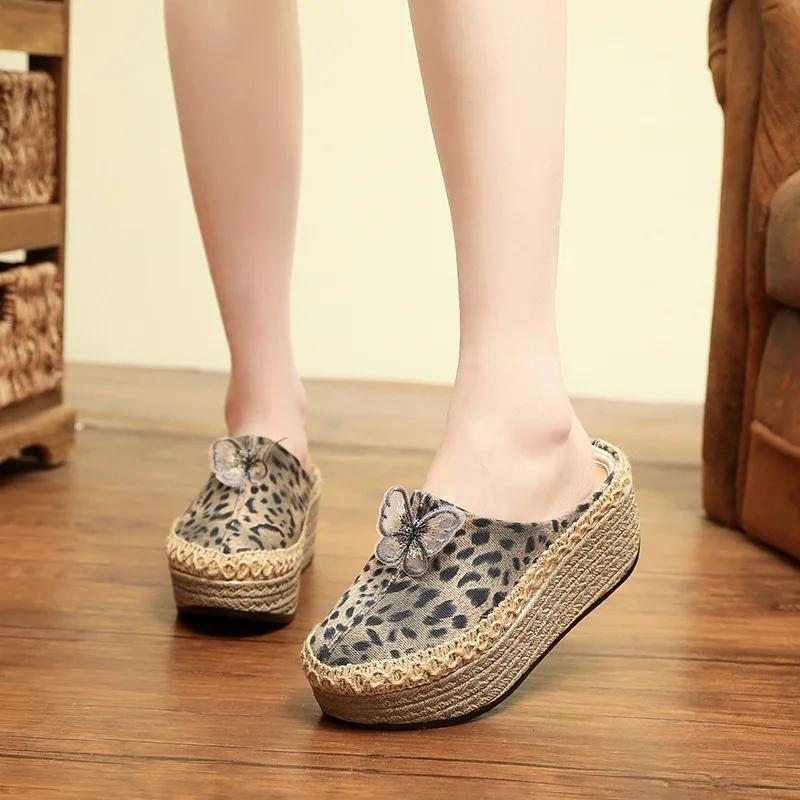 Fashion 2025 New Retro Handmade Women Canvas 5cm Platform Mules Slippers Butterfly Black Beige Leopard Comfortable Casual Slip On Shoes