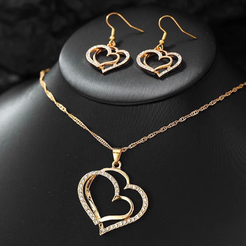 3Pcs/Set Heart Shaped Jewelry Set Of Earrings Pendant Necklace For Women Party Exquisite Fashion Rhinestone Double Heart Peach Heart Jewelry Set