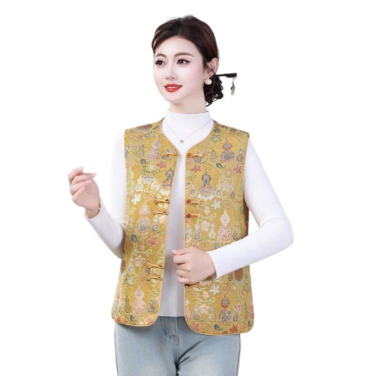 Women's Retro Chinese Frog Button Round Neck Vest - Spring/Autumn Gourd Jacquard Style