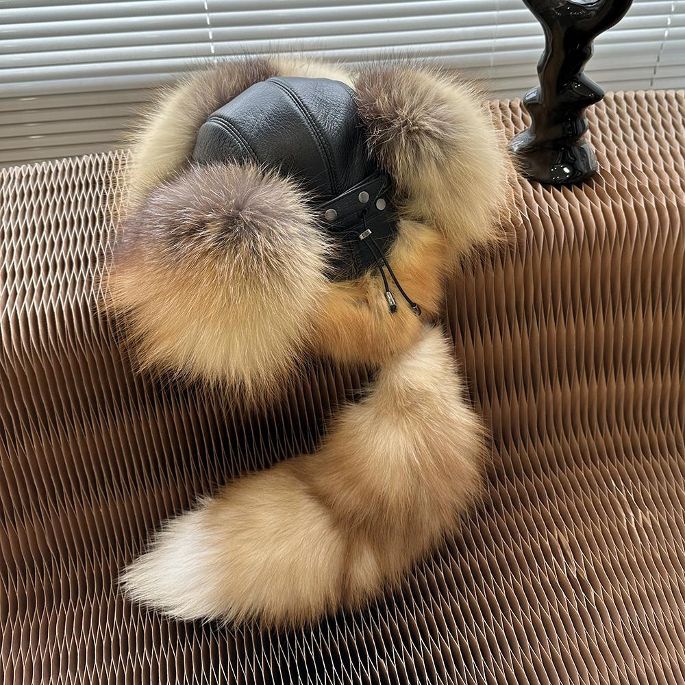 

Кожаная шапка из лисьего меха для сохранения тепла зимой, северо-восточная мужская и женская шапка-бомбер, верхняя кожаная шапка из меха енота one size