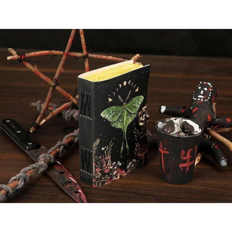 Luna Moth Leather Journal: Blank Spell Book of Shadows, Vintage Lock