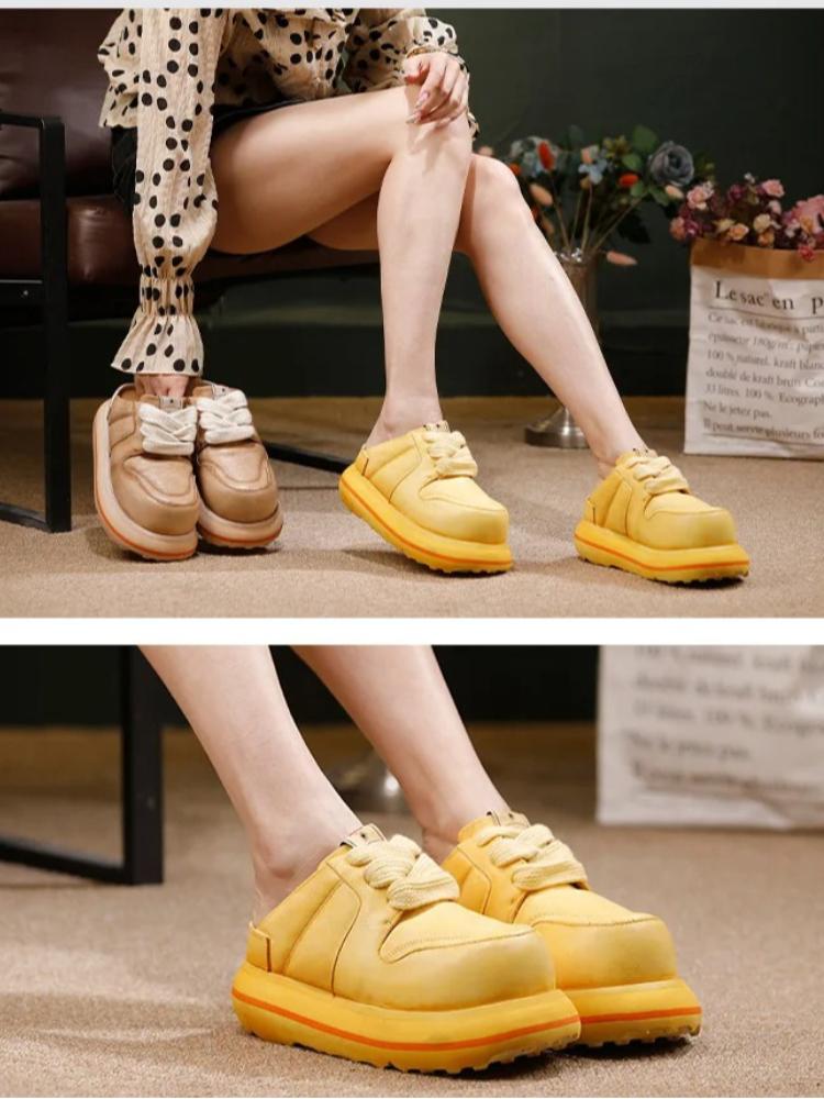 Johnature Damskie buty na grubej podeszwie ze skóry naturalnej, sznurowane, outdoorowe, z okrągłym noskiem, modne kapcie