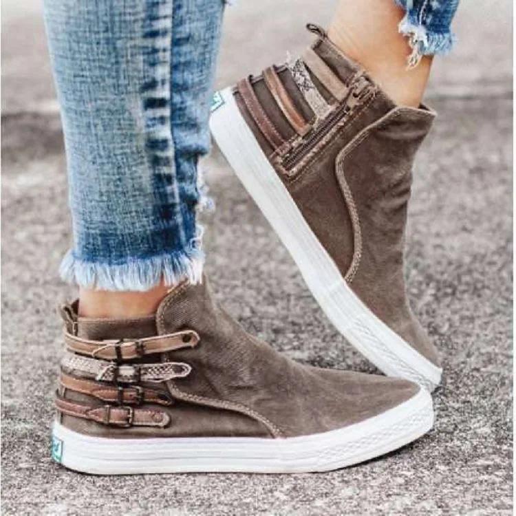 Ladies Canvas Shoes 2024 Autumn High Top Belt Buckle Women Casual Loafers Flats Plus Size Zipper Denim Women Shoes Zapatos Mujer