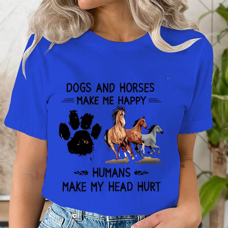 Dog Paw Wild Horses Graphics T Shirt Women Short Sleeve Shirt Dogs and Horses Make Me Happy Print Clothes Summer Female Tshirt