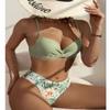 3 Pieces Bikini Sets Women Summer Sexy Floral Twist Low Waist Bikinis Cover Up Swimsuit Female Brazilian Beachwear Bathing Suit WBL