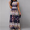 Ethnic Style Stand Collar Printed Long Tank Dress for Women Vintage High Waist Vestidos